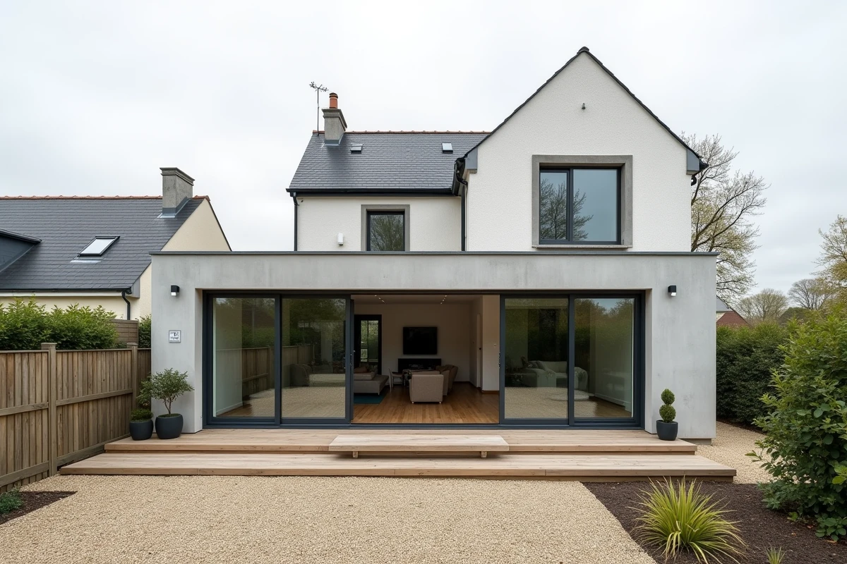 Extension moderne en bardage gris intégrée à une maison pavillonnaire française avec terrasse bois