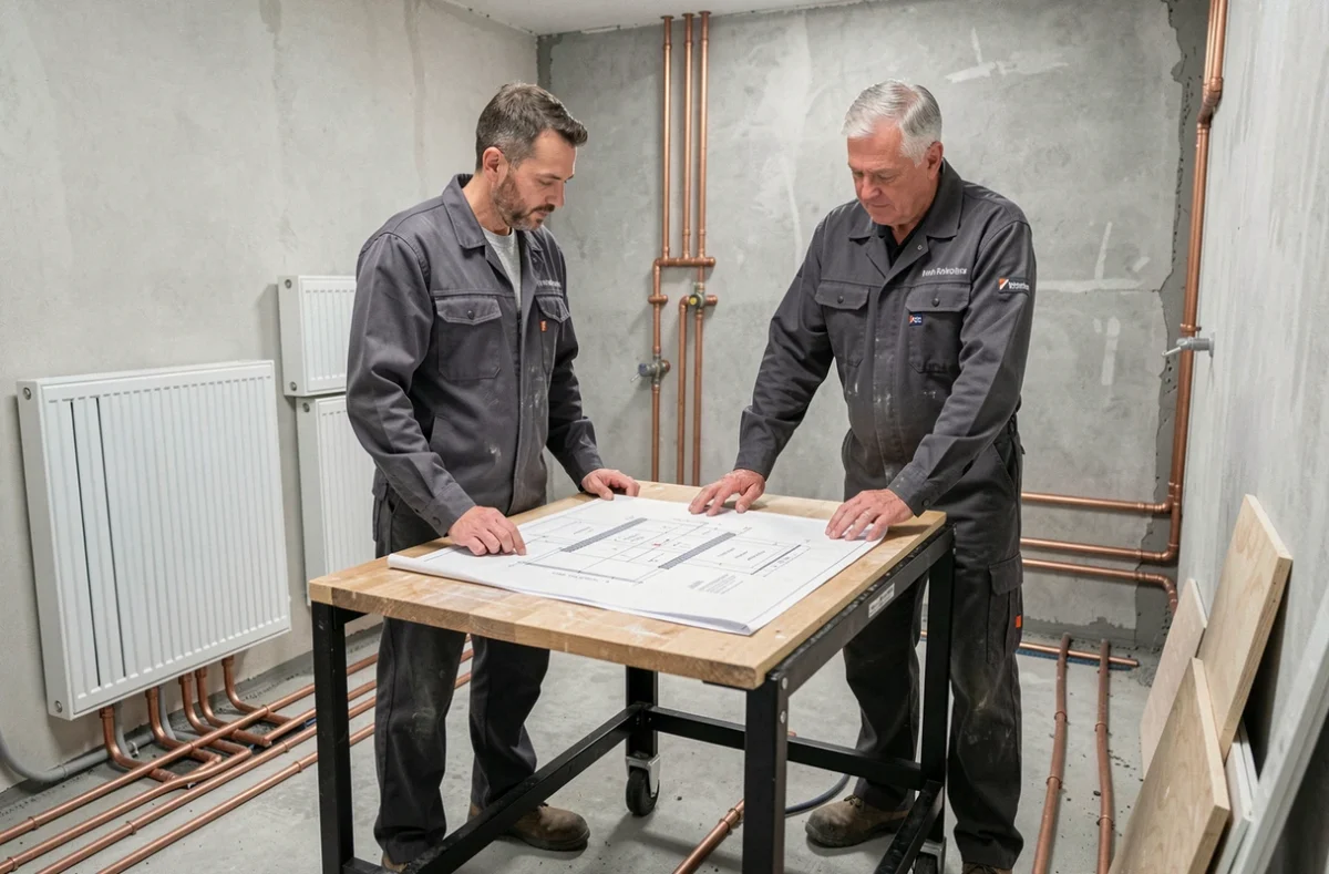 Deux techniciens de F et G Plomberie Chauffage consultant des plans sur un chantier de salle de bain avec plancher chauffant en Essonne