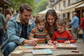 Famille souriante découvrant des jouets vintage en marché rural