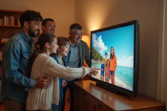 Famille nombreuse réunie autour d'un cadre photo numérique affichant des souvenirs partagés dans un salon chaleureux