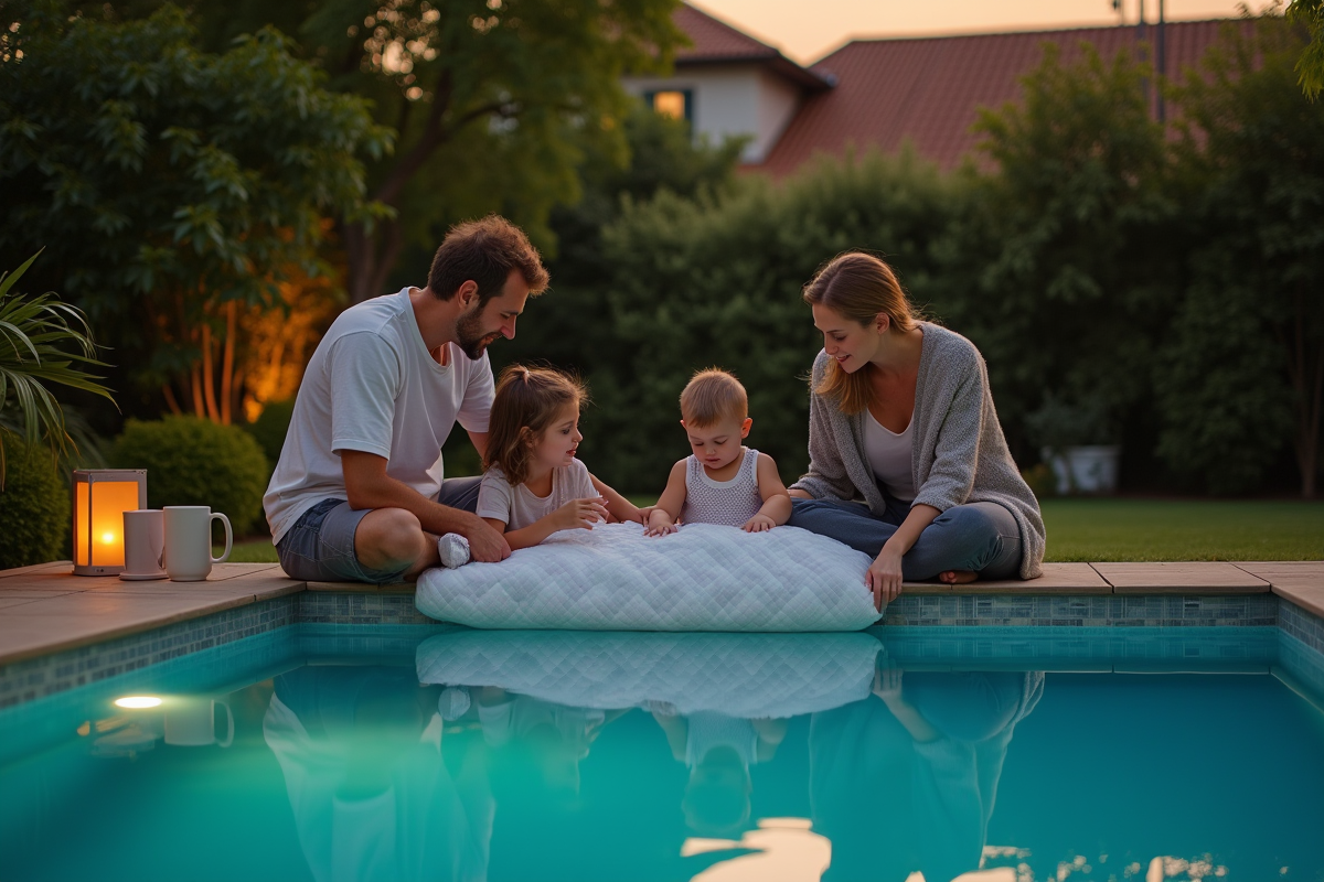 Famille posant une couverture thermique sur la piscine au crépuscule