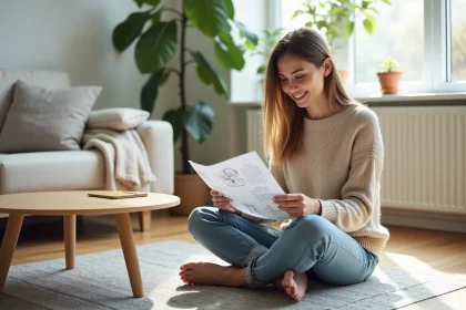 Jeune femme assemble un meuble design dans un salon lumineux