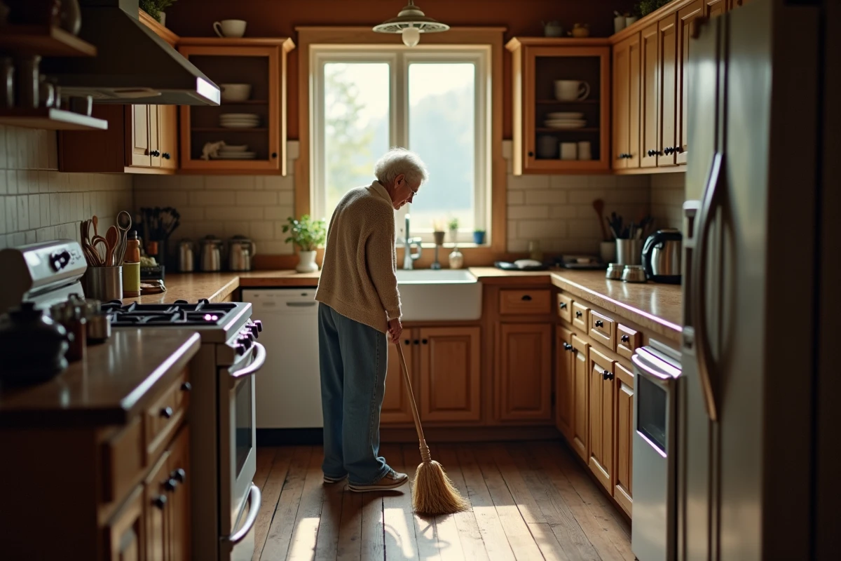 Femme âgée balayant un sol en bois dans une cuisine rustique