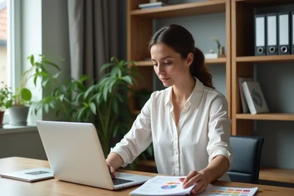 Femme au bureau à domicile regardant un site de renovation