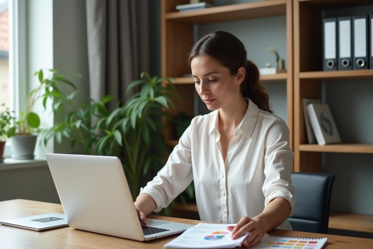 Femme au bureau à domicile regardant un site de renovation