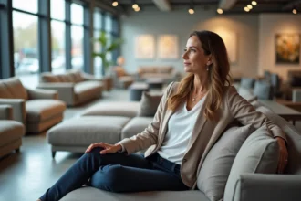 Femme assise sur un canapé en tissu dans un magasin Poltron et Sofa à Aubagne, évaluant le confort d'un modèle en L