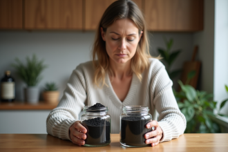 Femme examinant du charbon actif dans la cuisine