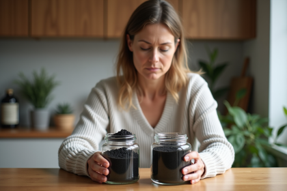 Femme examinant du charbon actif dans la cuisine