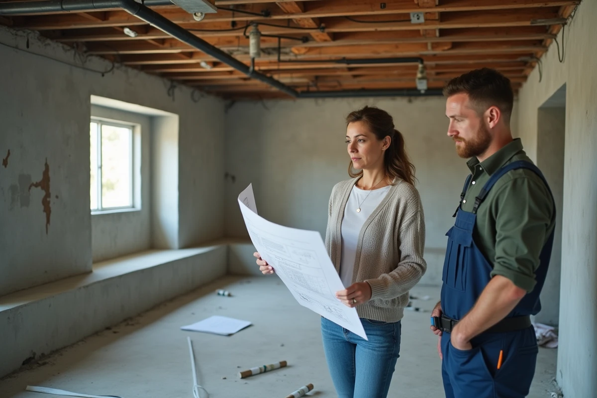 Femme et plombier étudiant des plans dans une cave en rénovation