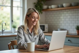 Femme consultant le site Monhabitoo.fr sur un ordinateur portable dans une cuisine moderne pour organiser des travaux à domicile
