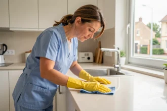 Femme de ménage professionnelle en uniforme bleu nettoyant un plan de travail dans une cuisine moderne de maison pavillonnaire à Chaville