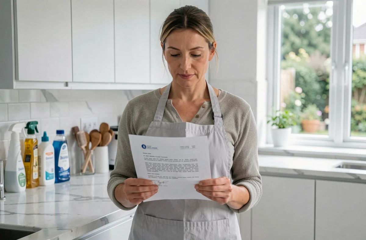 Femme de ménage tenant une lettre de référence imprimée dans une cuisine moderne