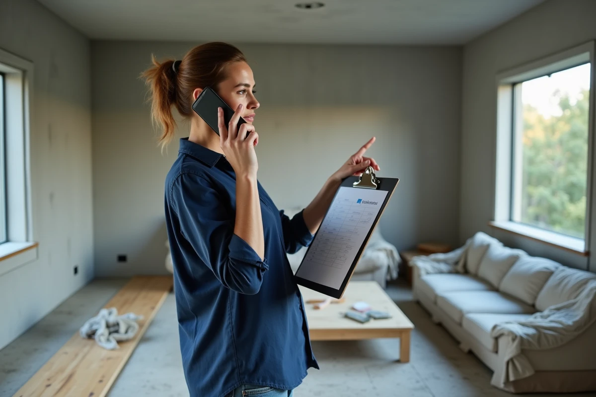 Femme tenant un devis de rénovation sur un presse-papiers dans un salon en travaux avec sol et murs en cours d'installation