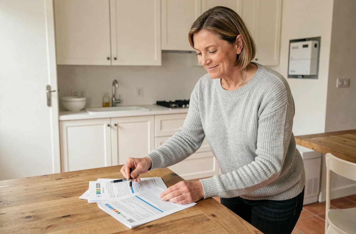Femme consultant les documents de prime EDF pour pompe à chaleur dans une cuisine moderne