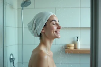 Femme sous la douche avec paroi en verre dépoli et gouttes d'eau, salle de bain moderne carrelée en blanc