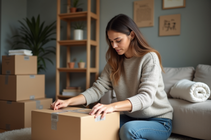 Femme emballant une boîte en carton dans un salon moderne