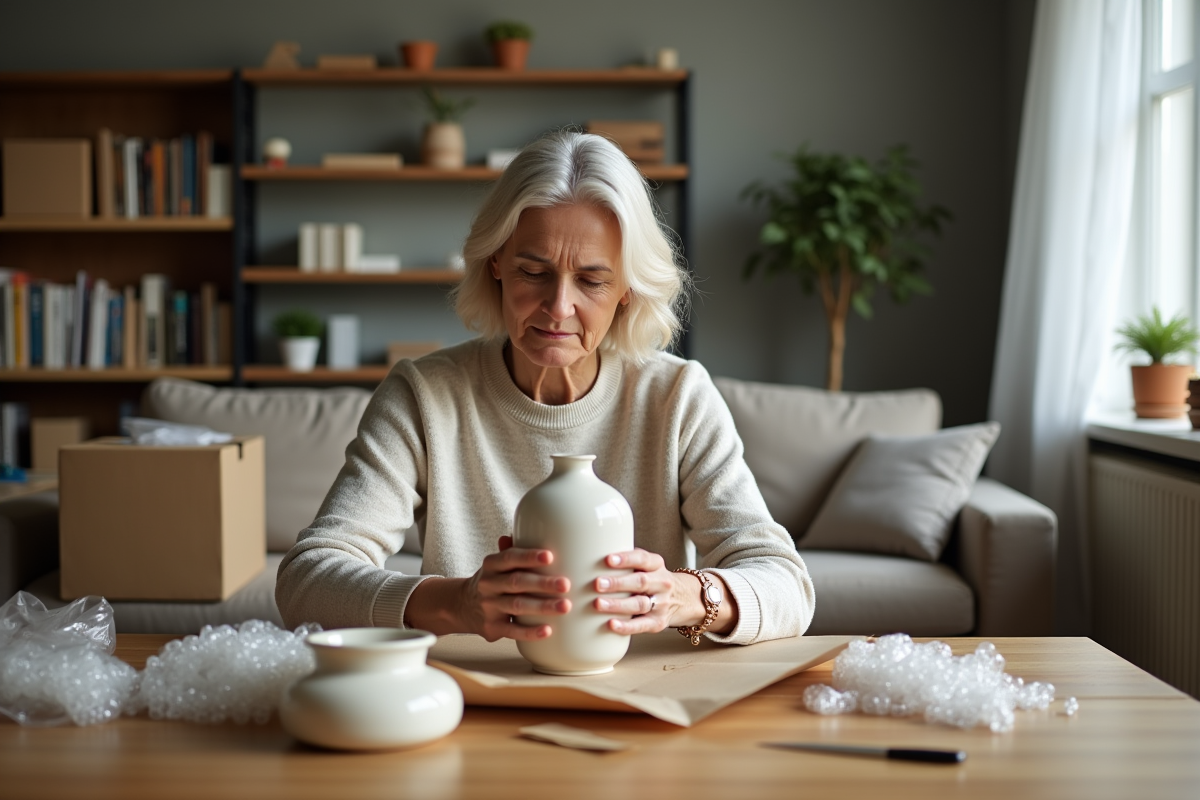 Femme emballant une porcelaine délicate avec soin
