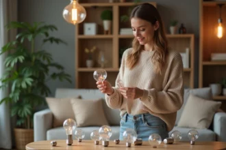 Femme regardant attentivement une ampoule E14 dans un salon cosy