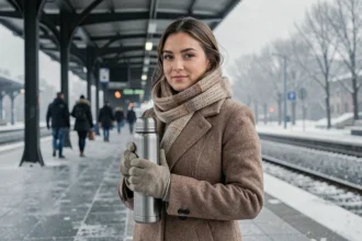 Femme tenant une gourde chauffante sur un quai de gare en hiver, habillée chaudement avec manteau en laine et écharpe