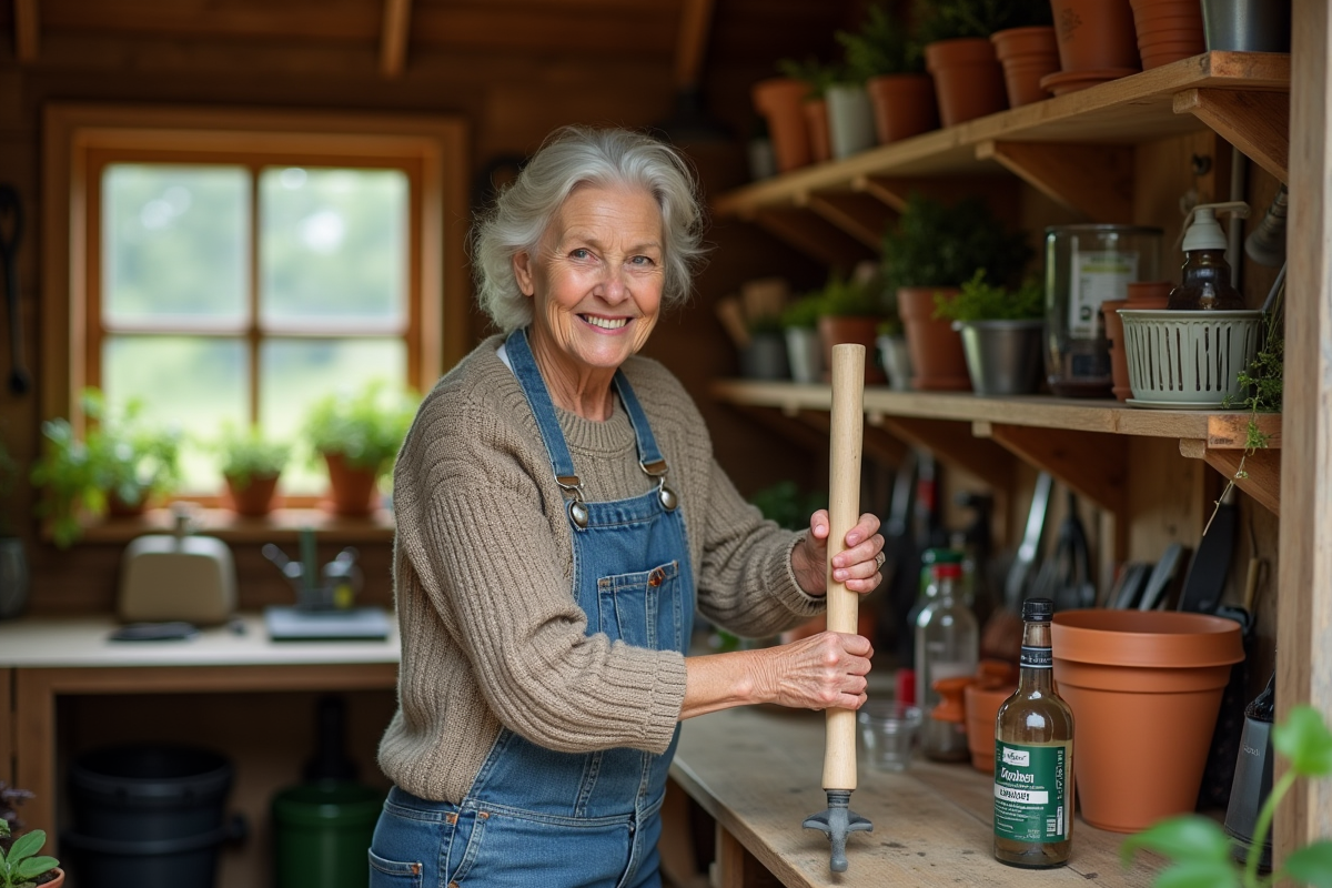 Femme huilant une poignée de râteau dans un atelier de jardinage