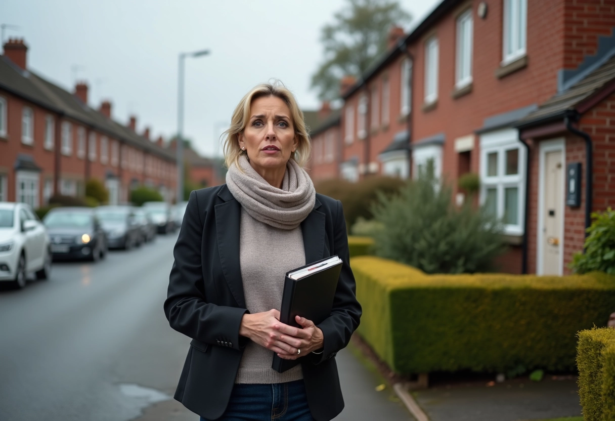Femme devant une maison avec panneau vente
