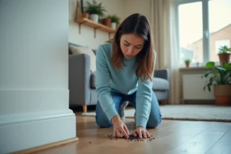 Femme inquiète examine des insectes noirs au sol