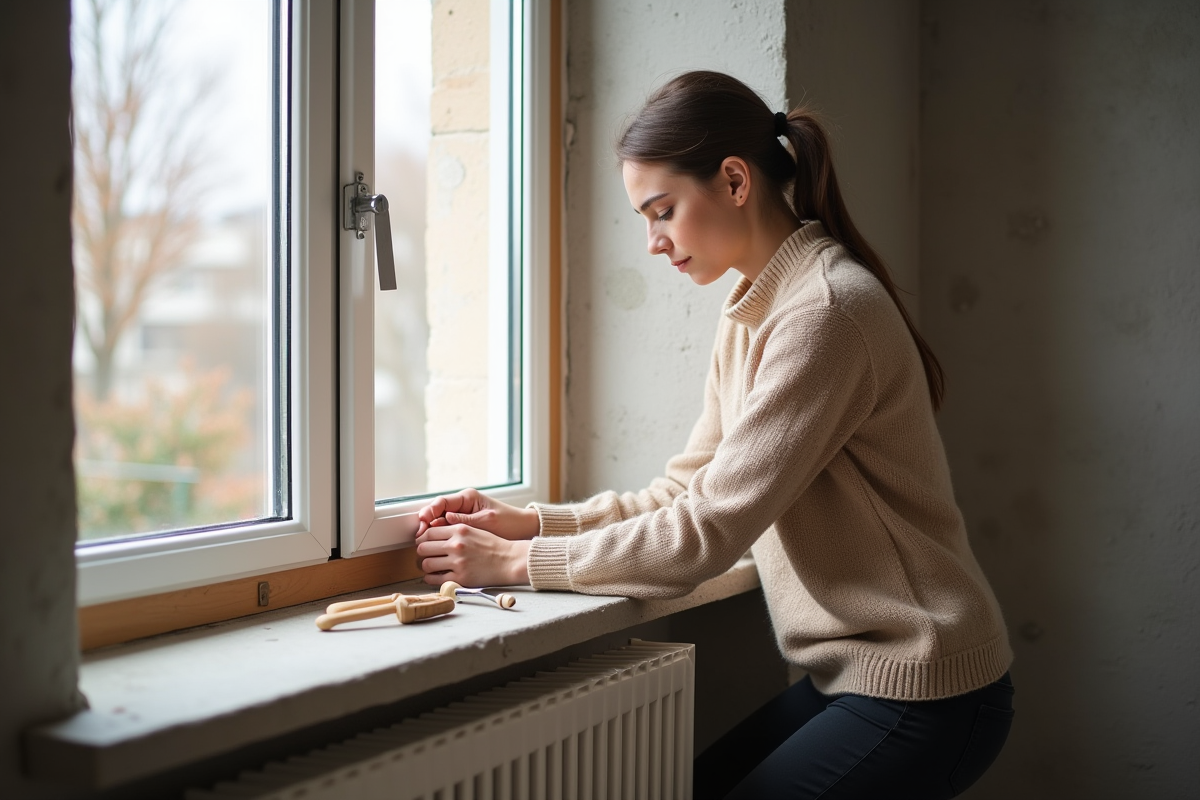Jeune femme installant panneau d isolation dans une pièce en rénovation