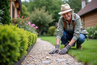 Femme souriante en jardinage posant près d'un chemin de gravier