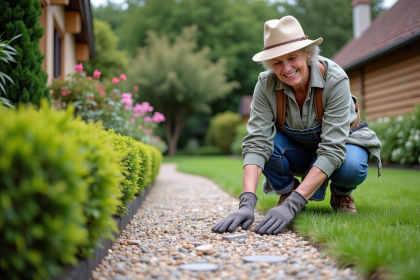 Femme souriante en jardinage posant près d'un chemin de gravier