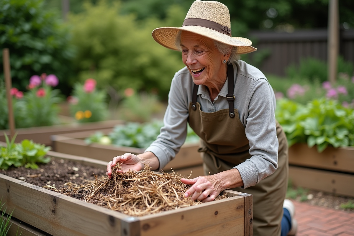 Femme âgée mélangeant paillis dans un jardin