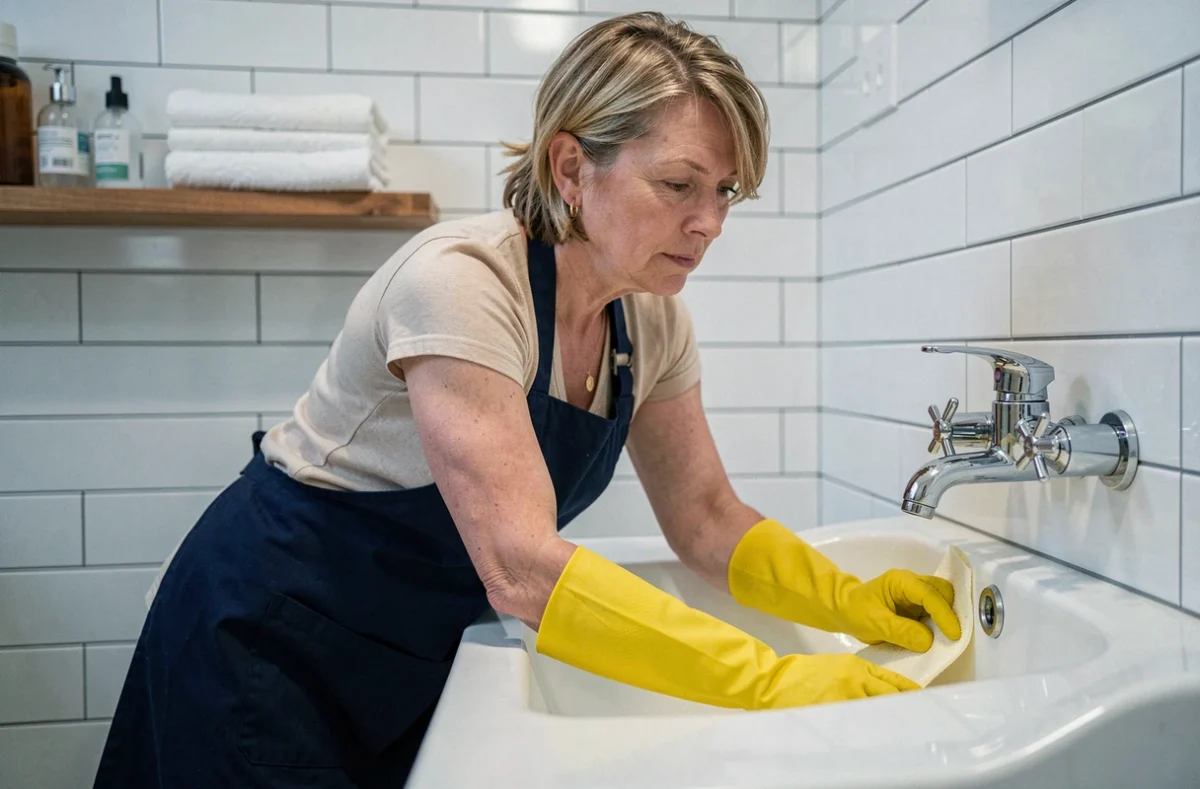 Femme de ménage nettoyant une baignoire dans une salle de bain moderne avec carrelage blanc et robinetterie chromée