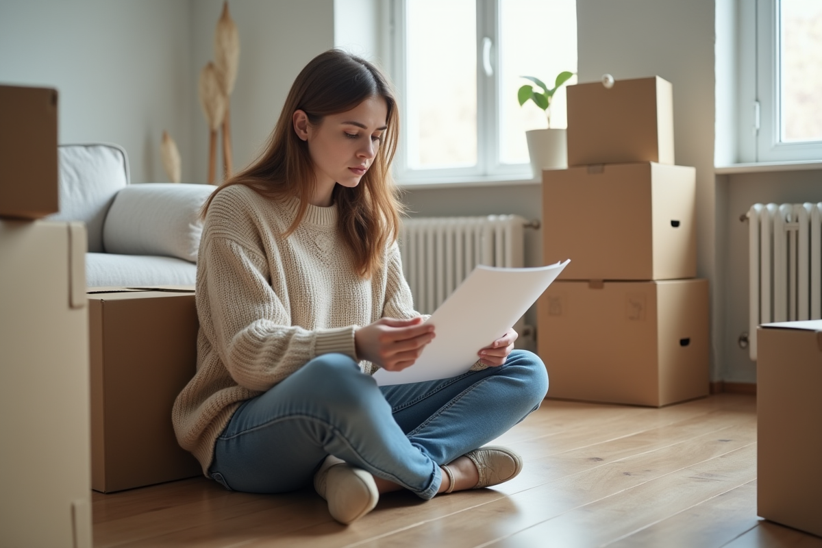 Jeune femme assise sur le sol avec cartons en transition