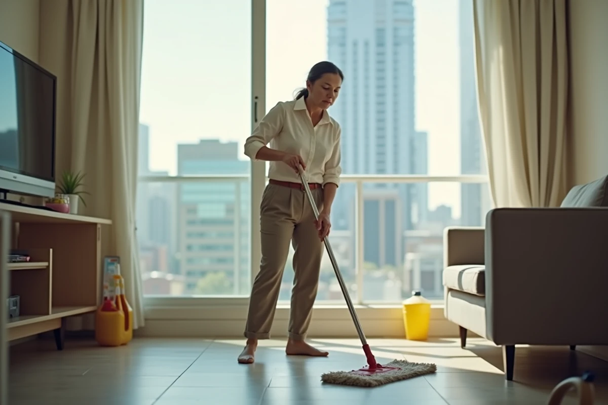 Femme d'âge moyen nettoyant un sol dans un appartement lumineux