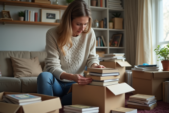 Femme organisée triant des souvenirs dans un salon encombré