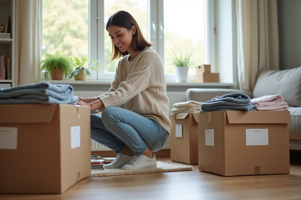 Femme organisant des cartons dans son salon lumineux