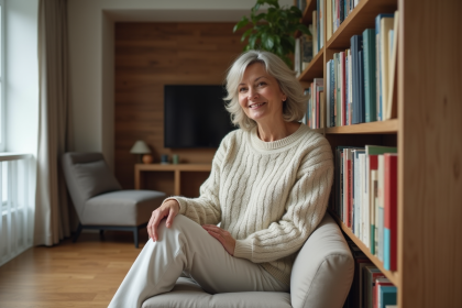 Femme arrangeant une bibliothèque dans un salon cosy