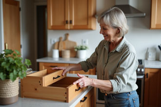 Femme organisée dans une cuisine en bois moderne