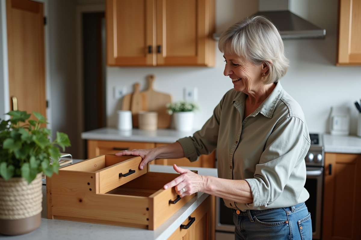 Femme organisée dans une cuisine en bois moderne