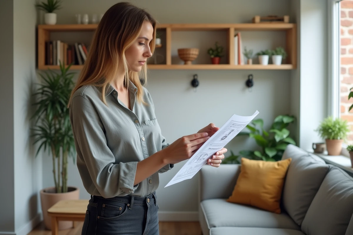 Femme consultant un plan électrique dans un petit salon équipé d'une installation GTL optimisée le long des plinthes