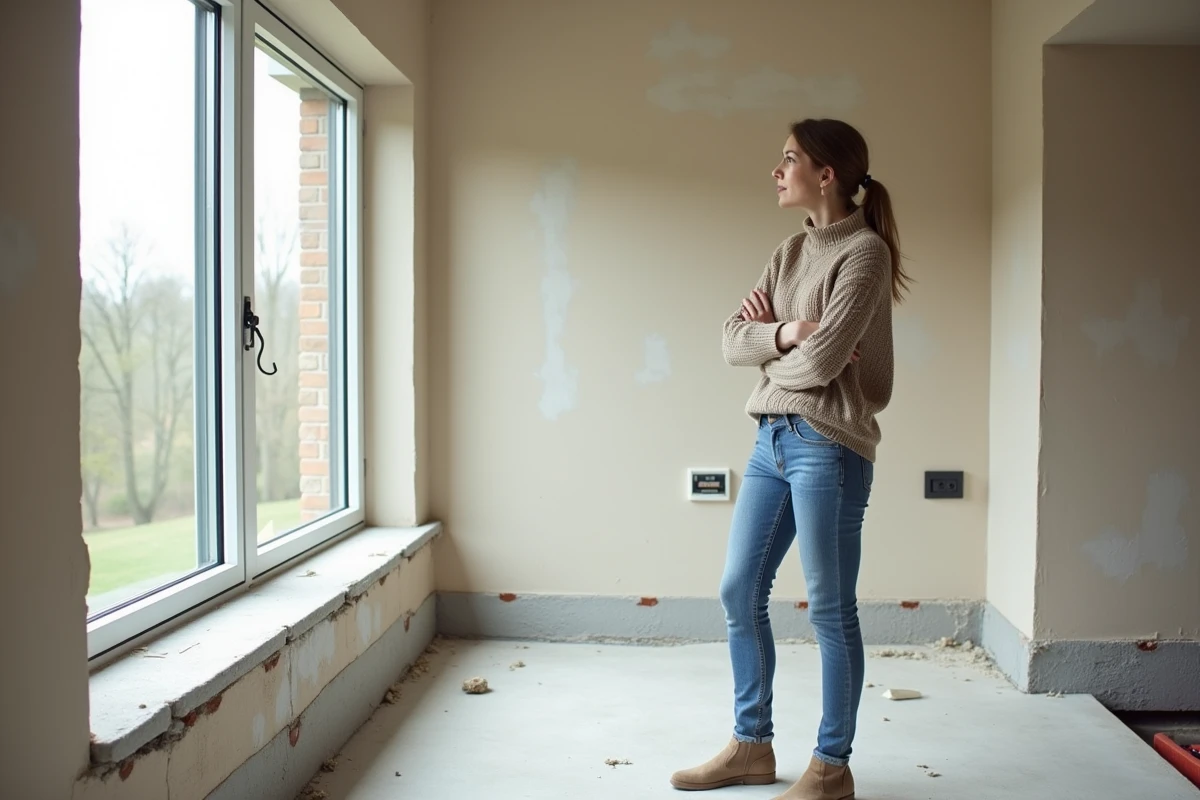 Femme observant le seuil en béton près d