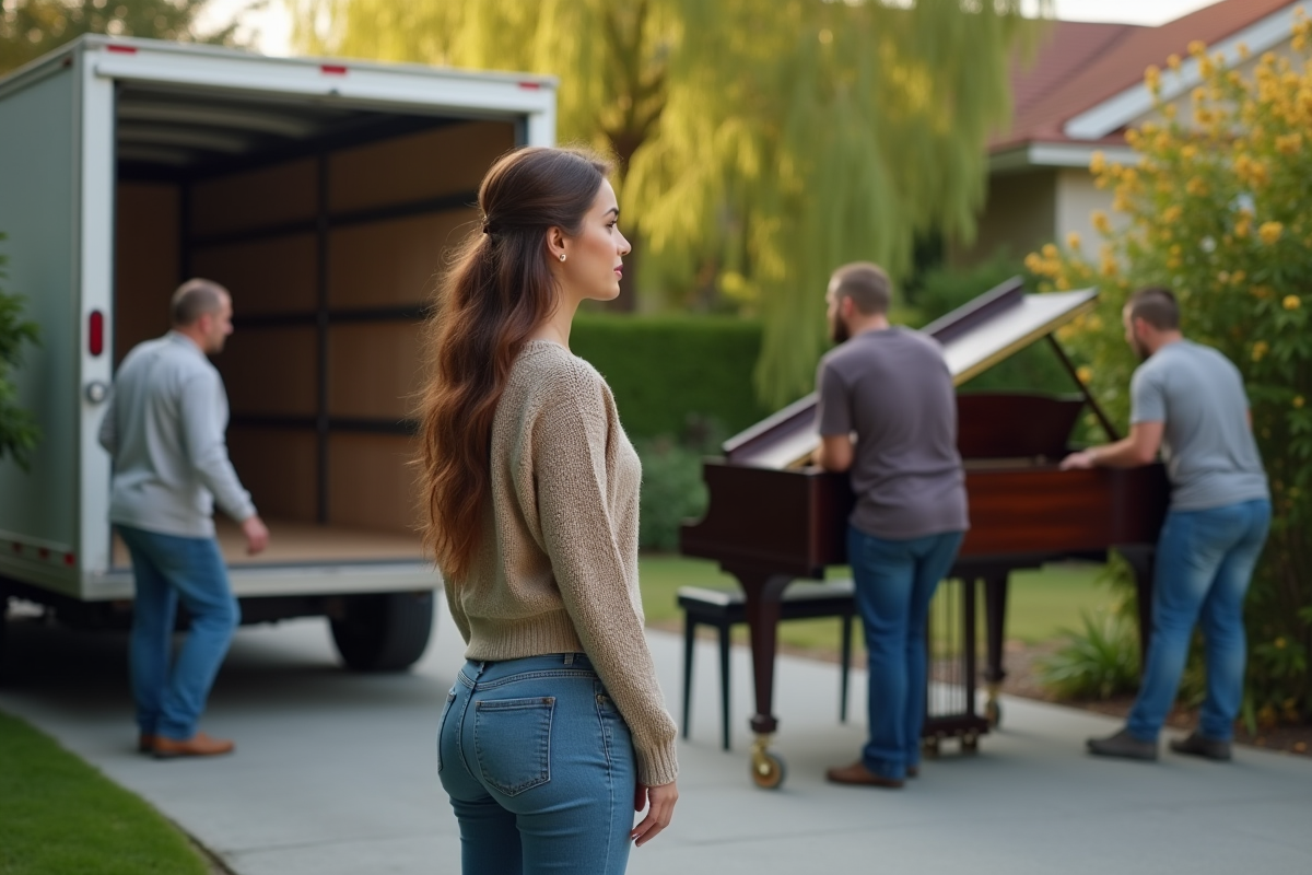 Jeune femme regarde un piano prêt à être chargé dans une cour verdoyante