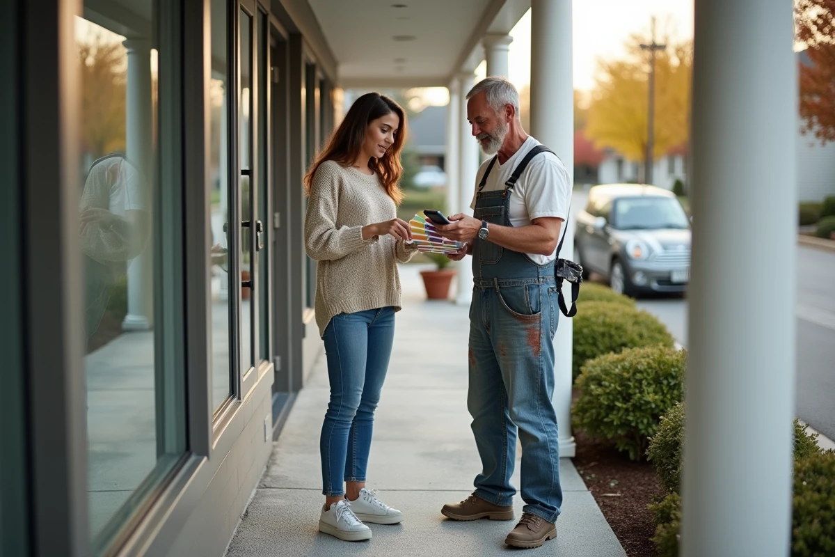 Femme discutant avec artisan devant marche en aggregate