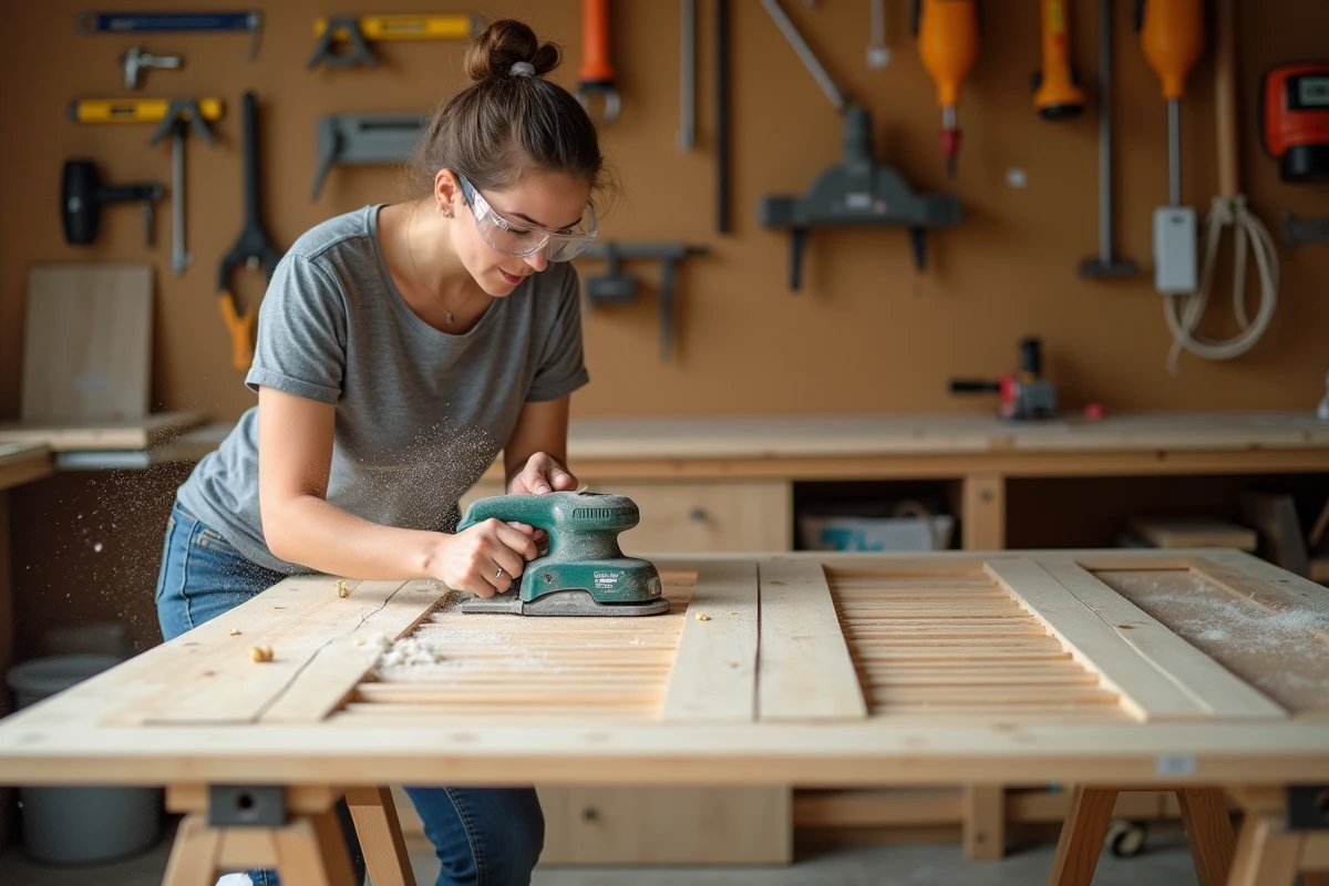 Femme utilisant un rabot électrique pour affiner un panneau de volet en bois dans un atelier de bricolage
