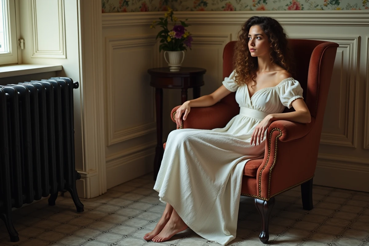 Femme assise près d un radiateur dans une maison élégante