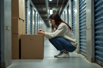 Femme examinant des boîtes de rangement dans une cave organisée