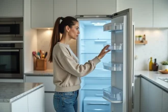 Femme examine un refrigerateur vide dans une cuisine moderne