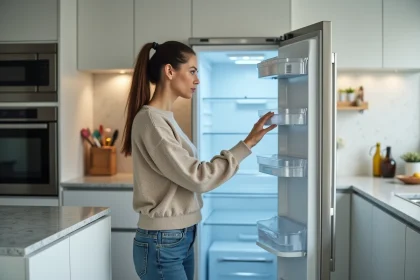 Femme examine un refrigerateur vide dans une cuisine moderne