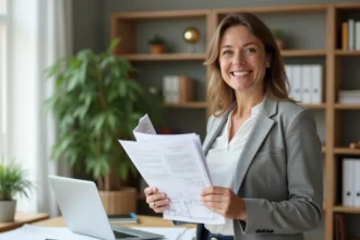 Femme d'âge moyen souriante avec documents de rénovation