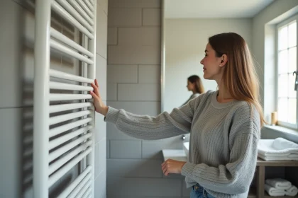 Jeune femme dans la salle de bain touche un radiateur électrique