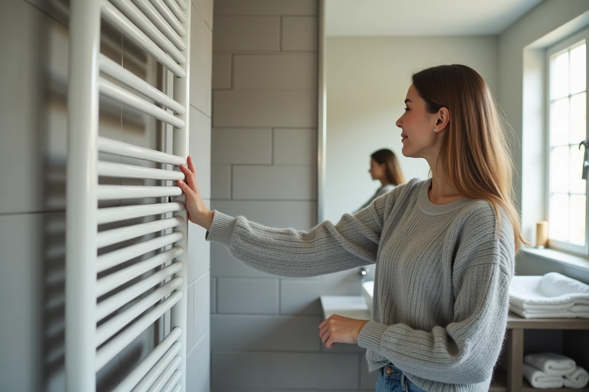 Jeune femme dans la salle de bain touche un radiateur électrique